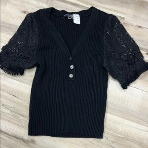 🍀Central Park West Black Ribbed Buttoned Blouse with lacy sleeves